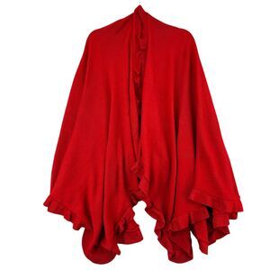 La Fiorentina Red Knit Ruffled Open Front Poncho Shawl Womens OS